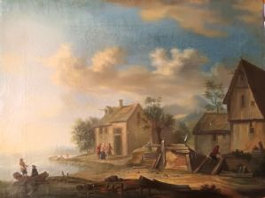 Paesaggio fiammingo case a contadini olio su tela cm.32x24 cornice antica 